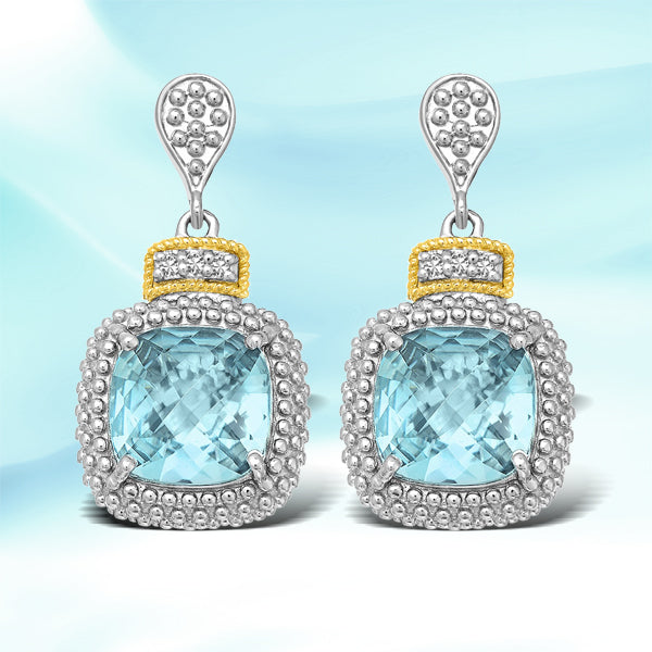 18k Yellow Gold & Sterling Silver Sky Blue Topaz & Diamond Earrings (.05cttw)