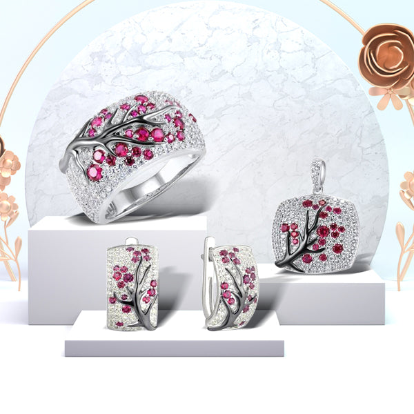 925 Sterling Silver Red Zircon Leaf Necklace, Ring & Earring Set for Women