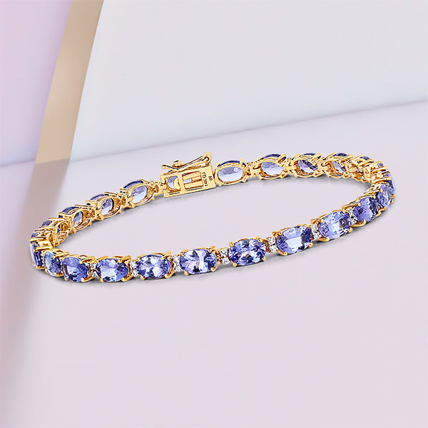 10.87 Carat Genuine Tanzanite and White Diamond 14K Yellow Gold Bracelet