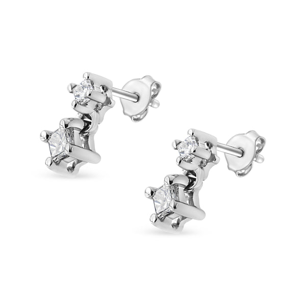 14K White Gold 1/4 Cttw 4 Prong Set Princess-Cut Double Diamond Drop and Dangle Stud Earrings (I-J Color, I2-I3 Clarity)