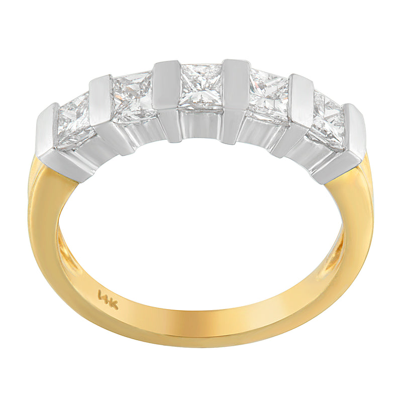 14K Two-Toned Gold 1 1/10 ct TDW 5 Stone Princess Clarity Enhanced Diamond Band Ring (G-HSI2-I1)