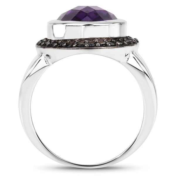 5.35 Carat Genuine Amethyst and Black Spinel .925 Sterling Silver Ring