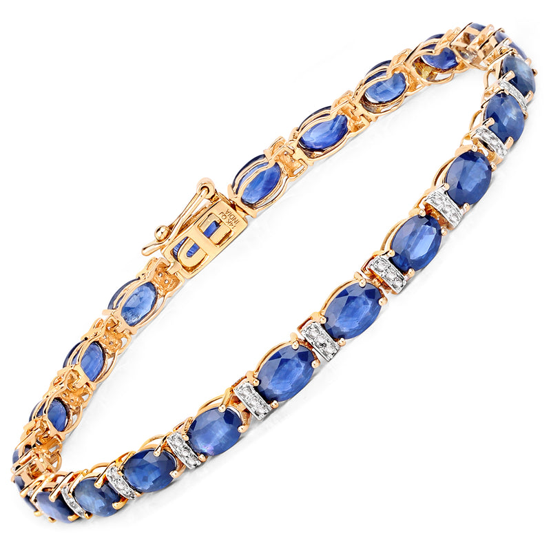 12.36 Carat Genuine Blue Sapphire and White Diamond 14K Yellow Gold Bracelet