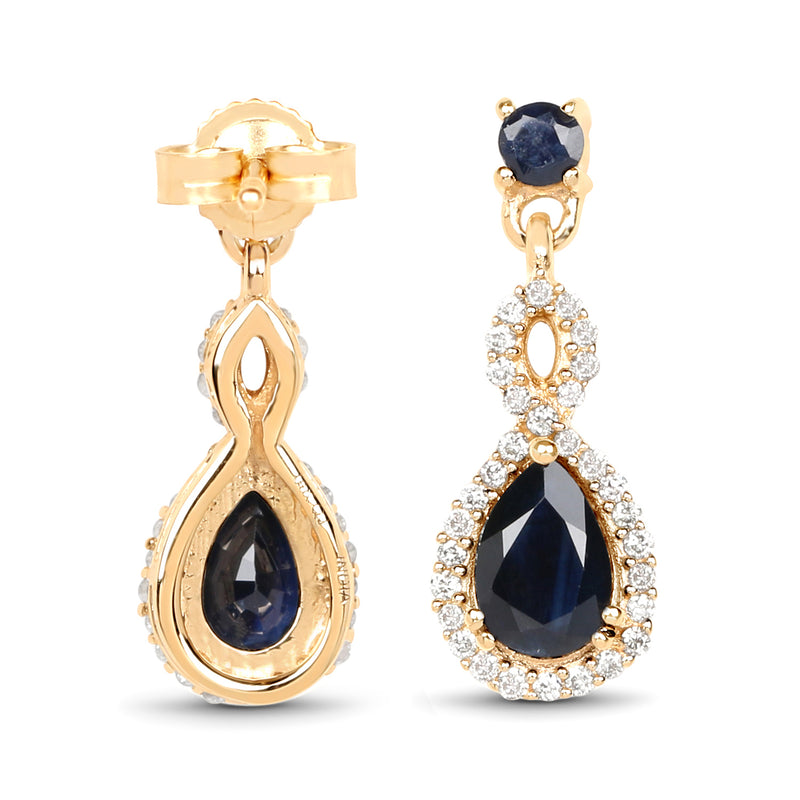 1.19 Carat Genuine Blue Sapphire and White Diamond 14K Yellow Gold Earrings