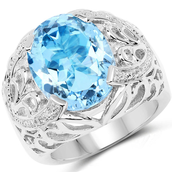 11.29 Carat Genuine Blue Topaz and White Topaz .925 Sterling Silver Ring