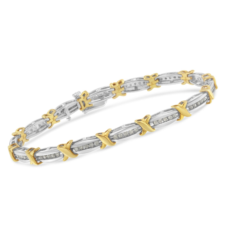 Two-Tone 10K Yellow Gold over .925 Sterling Silver 1.0 Cttw Diamond Channel Set Tapered & X-Link 7" Tennis Bracelet (H-I Color, I2-I3 Clarity)