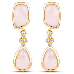 18K Yellow Gold Plated 13.02 Carat Genuine Rose Quartz and White Topaz .925 Sterling Silver Earrings