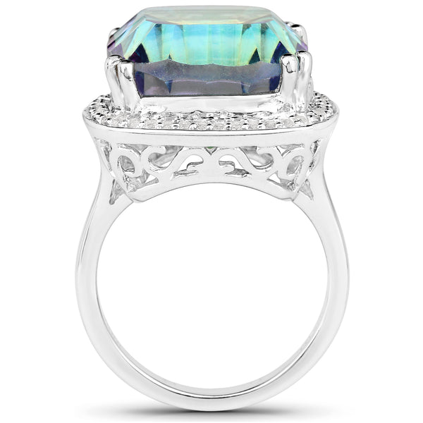 13.95 Carat Genuine Blue Mystic Quartz and White Topaz .925 Sterling Silver Ring