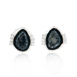 18K Solid White Gold 0.1Ct Diamond Uneven Gemstone Stud Earrings Fine Jewelry