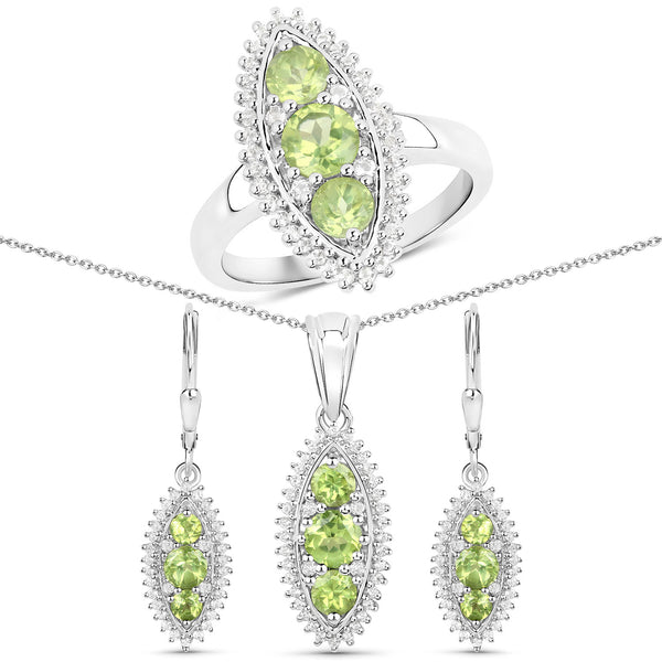 3.76 Carat Genuine Peridot and White Topaz .925 Sterling Silver 3 Piece Jewelry Set (Ring, Earrings, and Pendant w/ Chain)