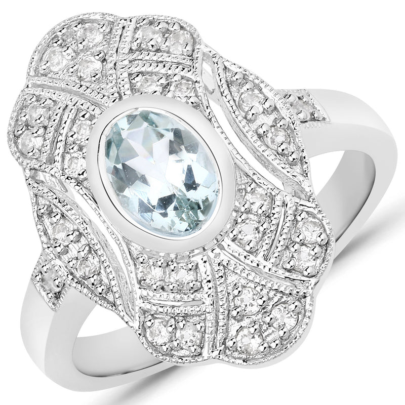 1.02 Carat Genuine Aquamarine and White Topaz .925 Sterling Silver Ring