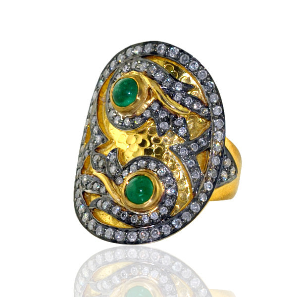 Emerald Pave Diamond 925 Sterling Silver 14k Yellow Gold Ring Jewelry