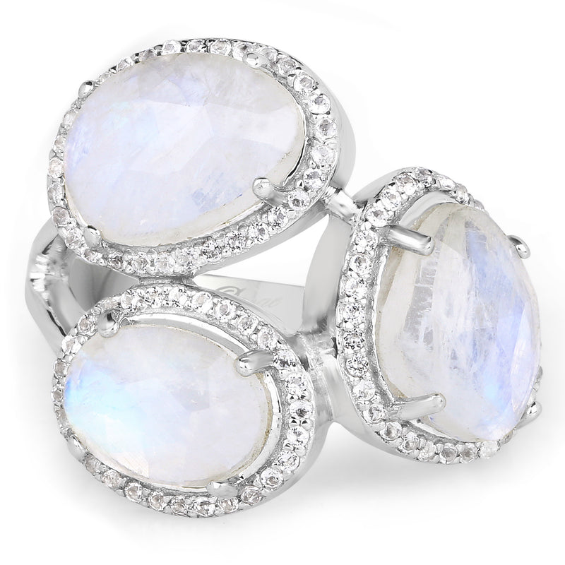 6.71 Carat Genuine White Rainbow Moonstone And White Topaz .925 Sterling Silver Ring