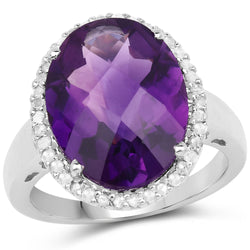 7.94 Carat Genuine Amethyst and White Diamond .925 Sterling Silver Ring