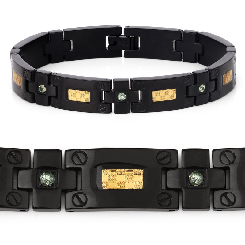 Black Titanium Men's Bracelet, Mens Titanium Bracelet with Gold Plated Steel Inlay, 0.56ctw. Natural Green Sapphire Rounds