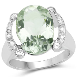 8.12 Carat Genuine Green Amethyst, White Topaz & White Diamond .925 Sterling Silver Ring