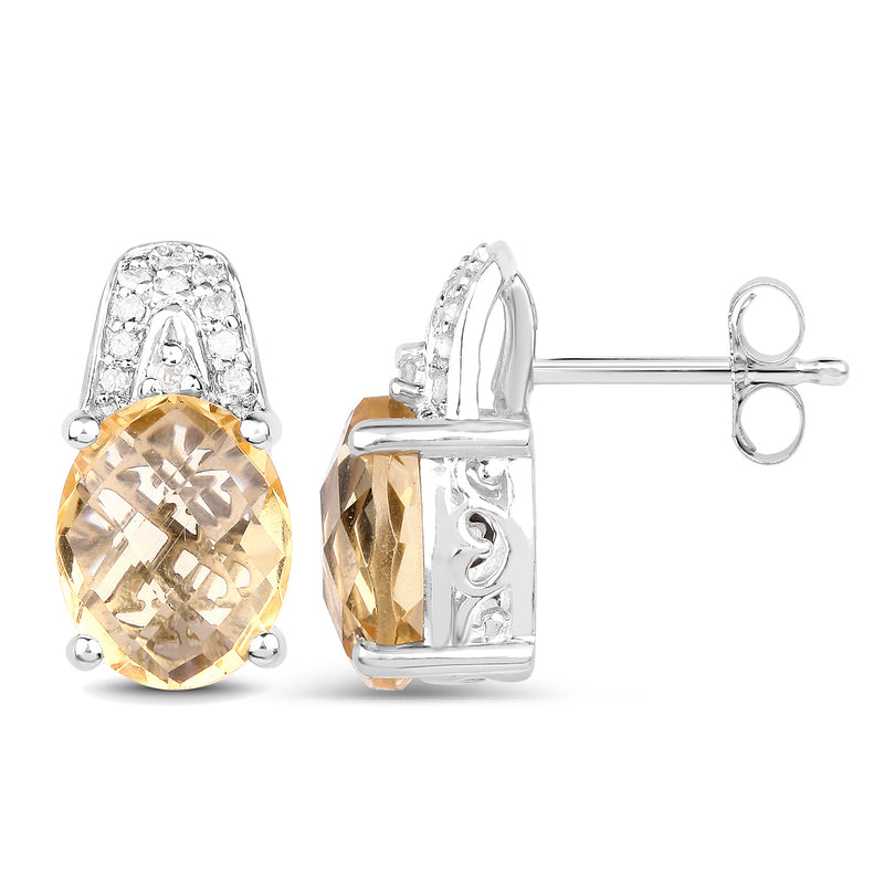 4.85 Carat Genuine Citrine and White Diamond .925 Sterling Silver Earrings