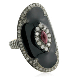 925 Sterling Silver Pave Diamond Vintage Ring Size 6.75 Oxidized Enamel Jewelry