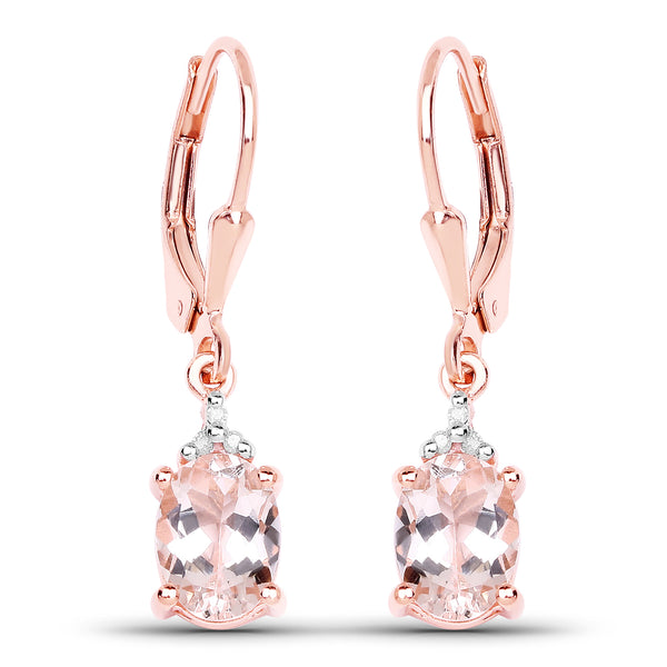 14K Rose Gold Plated 2.23 Carat Genuine Morganite & White Diamond .925 Sterling Silver Earrings