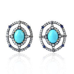 2.67ct Turquoise Sapphire Diamond Stud Earrings Gold 925 Sterling Silver Jewelry