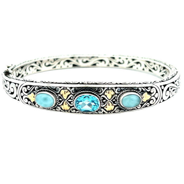 Genuine Larimar Cuff Bracelet Sterling Silver 18KT Gold