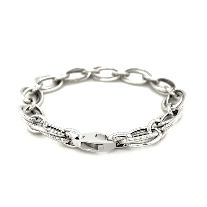 Polished and Textured Oval Link Bracelet in Sterling Silver