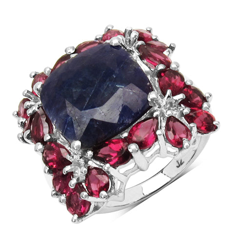 10.19 Carat Genuine Rhodolite & Sapphire .925 Sterling Silver Ring