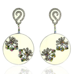 3.07ct Gemstone Diamond Enamel Dangle Earrings Gold .925 Sterling Silver Jewelry