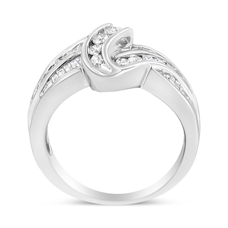 10K White Gold Ring 3/4 Cttw Round and Baguette-Cut Diamond Bypass Ring (H-I Color, I2-I3 Clarity) - Size 6