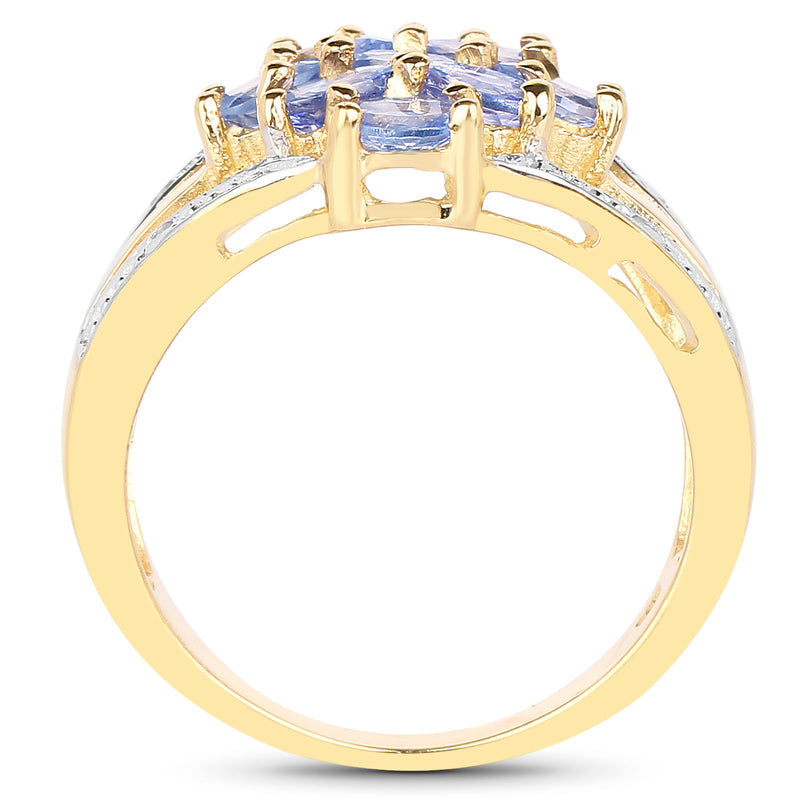 14K Yellow Gold Plated 1.59 Carat Genuine Tanzanite and White Topaz .925 Sterling Silver Ring