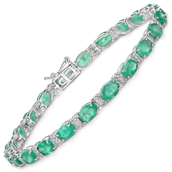 9.94 Carat Genuine Zambian Emerald and White Diamond 14K White Gold Bracelet