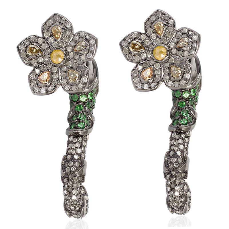 Tsavorite Diamond Floral Tunnel Earrings 18k Gold 925 Silver Women Jewelry Gift