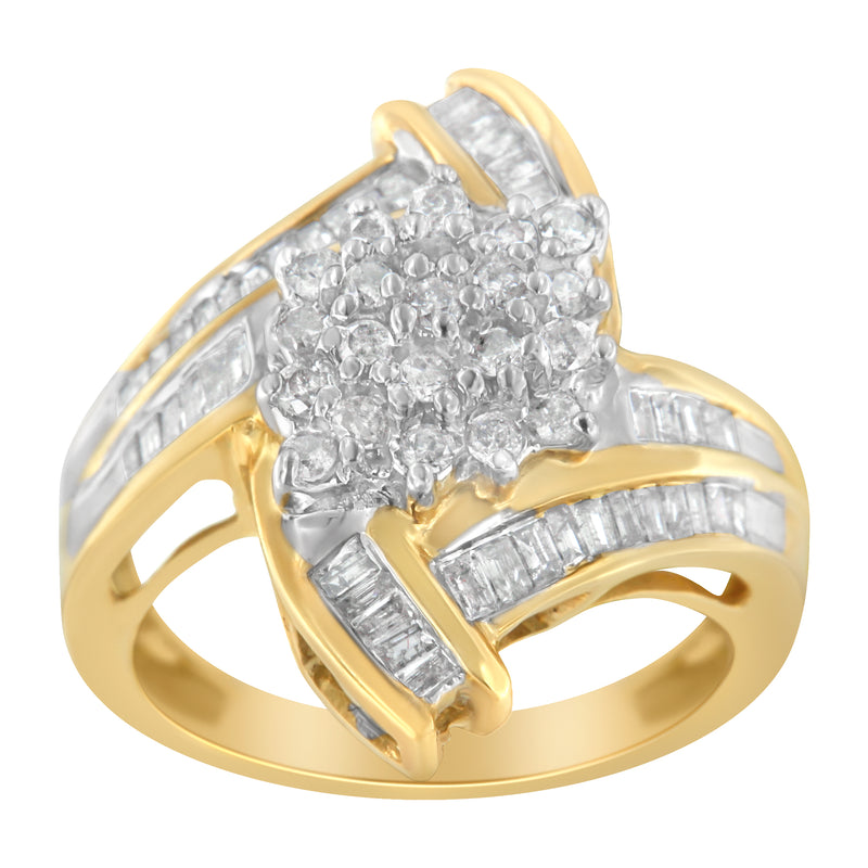 10K Yellow Gold Round and Baguette-Cut Diamond Bypass Cluster Ring (1.0 Cttw, I-J Color, I1-I2 Clarity) - Size 8