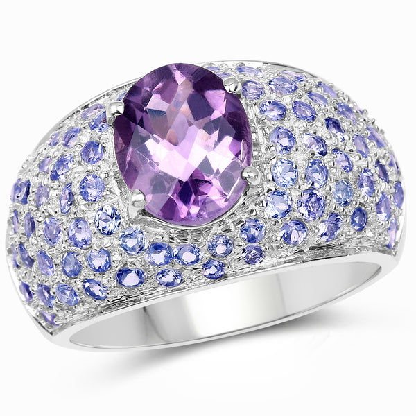 4.21 Carat Genuine Amethyst and Tanzanite .925 Sterling Silver Ring