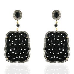Onyx Gold Pave Diamond 925 Sterling Silver Carved Dangle Earrings Jewelry