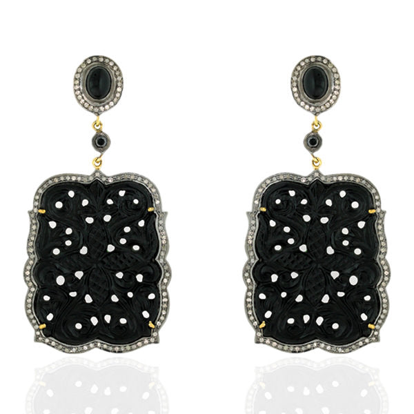 Onyx Gold Pave Diamond 925 Sterling Silver Carved Dangle Earrings Jewelry