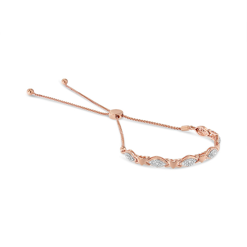 14K Rose Gold Plated .925 Sterling Silver Diamond Accent Alternating Marquise Shape and Heart Links Bolo Bracelet (I-J Color, I3 Clarity) - Adjustable 6" to 9"