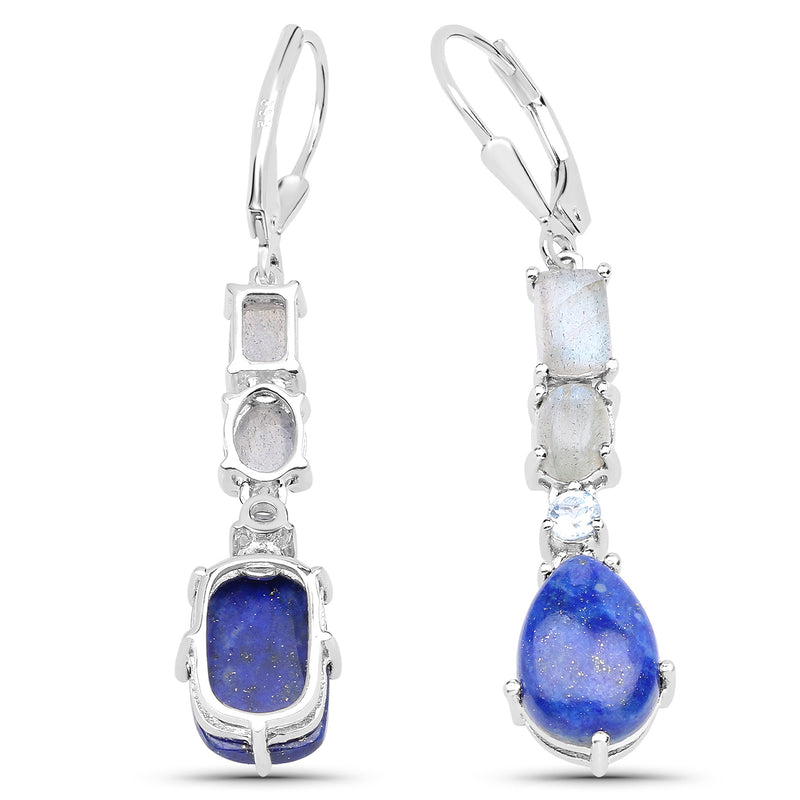 10.12 Carat Genuine Labradorite, Lapis and Blue Topaz .925 Sterling Silver Earrings