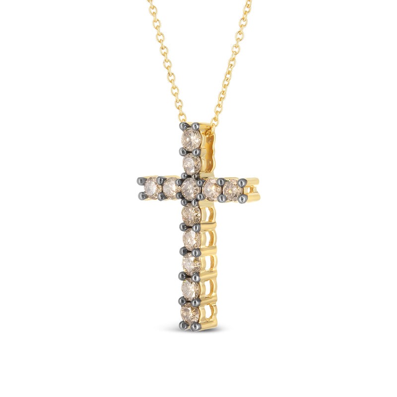 10K Yellow Gold Plated .925 Sterling Silver 1.00 Cttw Traditional Diamond Cross 18" Pendant Necklace (Champagne color, I2-I3 Clarity)