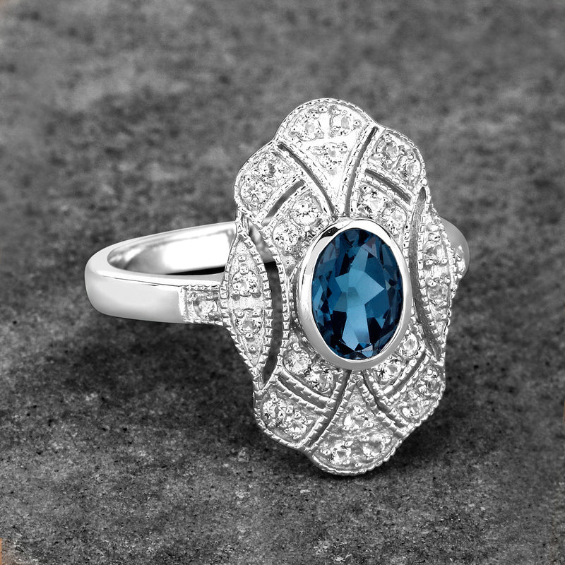 1.32 Carat Genuine London Blue Topaz and White Topaz .925 Sterling Silver Ring