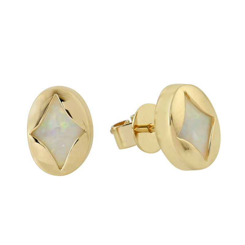 18k Yellow Gold Natural Opal Stud Earrings Women Jewelry