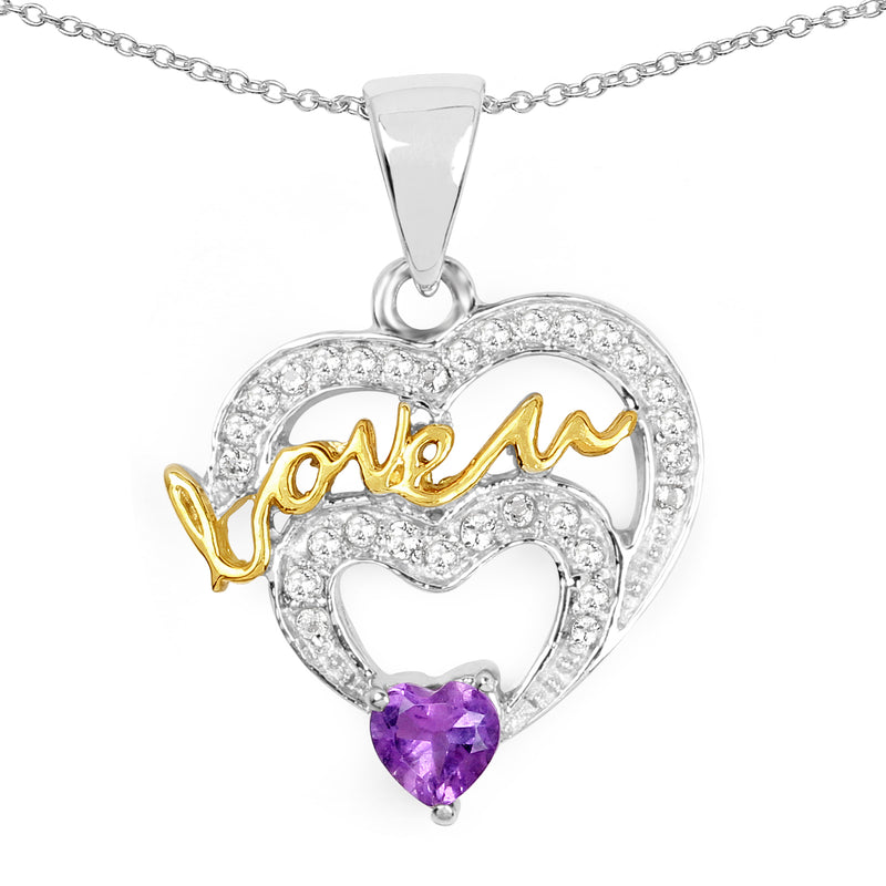 Two Tone Plated 0.44 Carat Genuine Amethyst and White Topaz .925 Sterling Silver Pendant