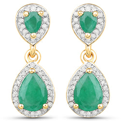 1.74 Carat Genuine Emerald and White Diamond 14K Yellow Gold Earrings