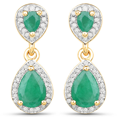 1.74 Carat Genuine Emerald and White Diamond 14K Yellow Gold Earrings