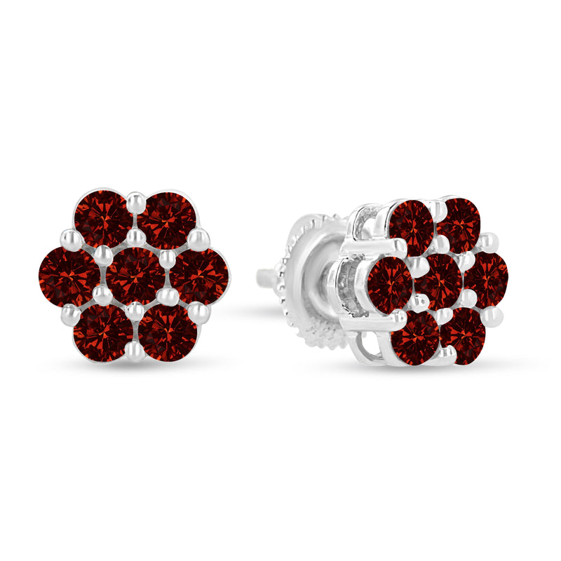 14K White Gold 1.0 Cttw Treated Red Diamond Prong Set 7 Stone Floral Stud Earrings (Treated Red Color, SI2-I1 Clarity)