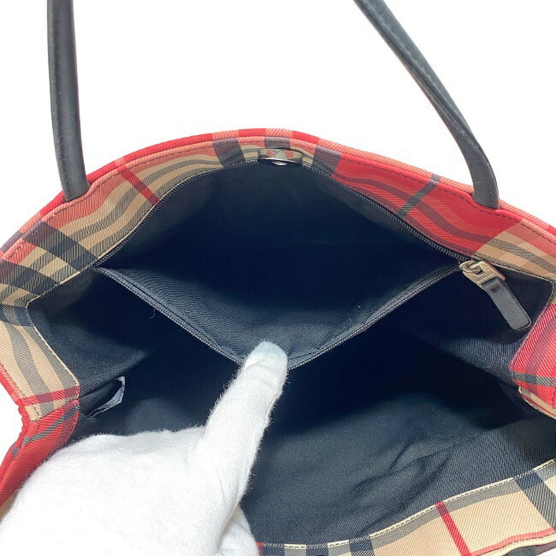 Burberry Tote Bag Red Black Check Nylon Canvas Leather BURBERRY Handbag Womens Mens Beige