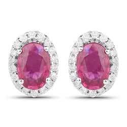 1.29 Carat Genuine Ruby and White Diamond 14K White Gold Earrings