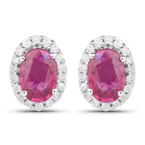 1.29 Carat Genuine Ruby and White Diamond 14K White Gold Earrings