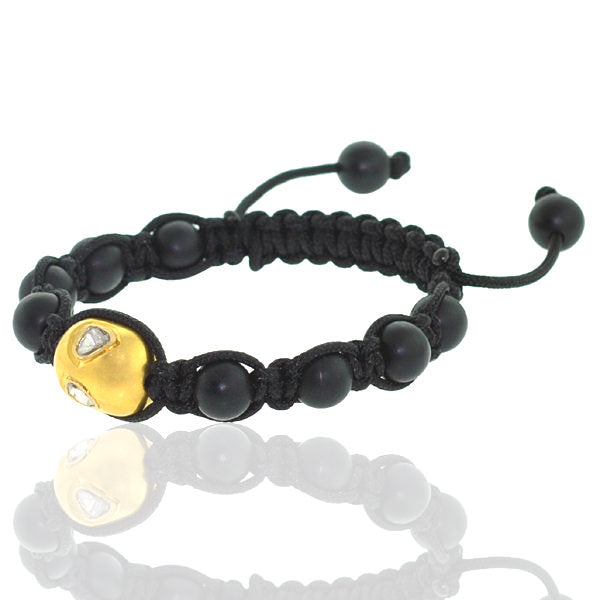 0.73ct Rose Cut Diamond 18kt Gold Black Onyx Bead  Macrame Bracelet Jewelry