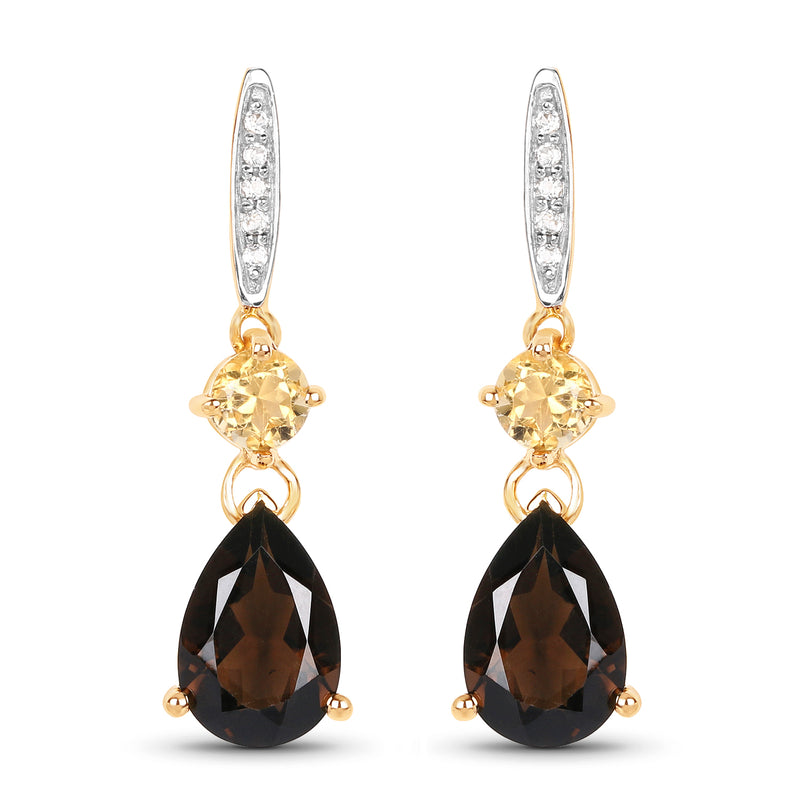 6.50 Carat Genuine Smoky Quartz, Citrine & White Topaz 14K Yellow Gold Earrings